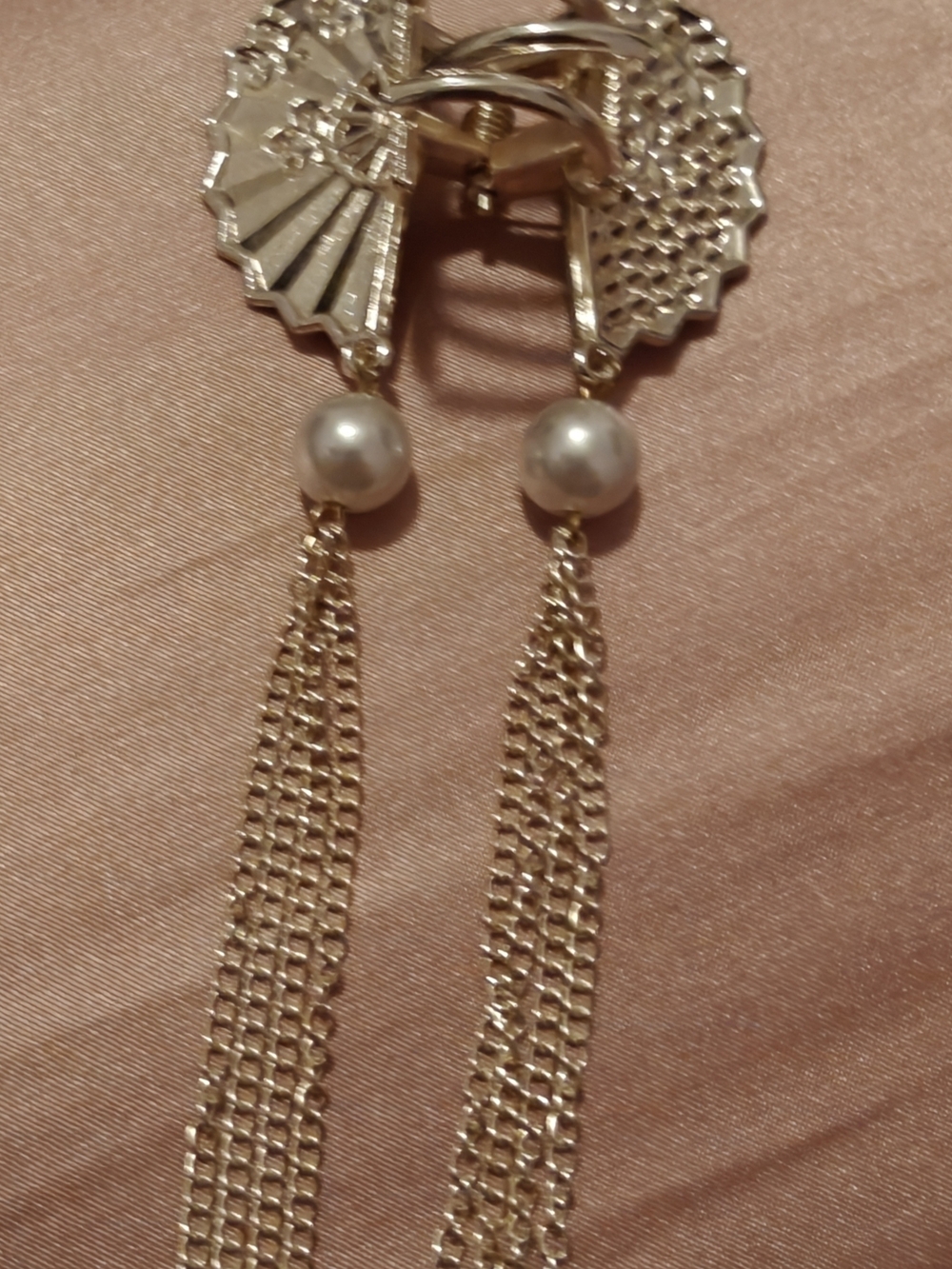 Gold Pearl Tassel Hair Clip with Red Enamel and Crystal Flower Accents - Picture 2 of 5